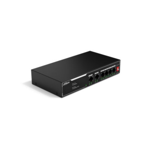 Switch Dahua PoE 6 puertos 10/100, NO ADMINISTRABLE / 4 puertos PoE, Admite los estándares 802.3af y 802.3at, Admite transmisión PoE de larga distancia de 250 m, Función de PoE watchdog