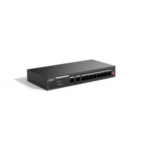 Switch Dahua PoE 10 puertos 10/100, NO ADMINISTRABLE / 8 puertos PoE, Admite los estándares 802.3af y 802.3at, Admite transmisión PoE de larga distancia de 250 m, Función de PoE watchdog.